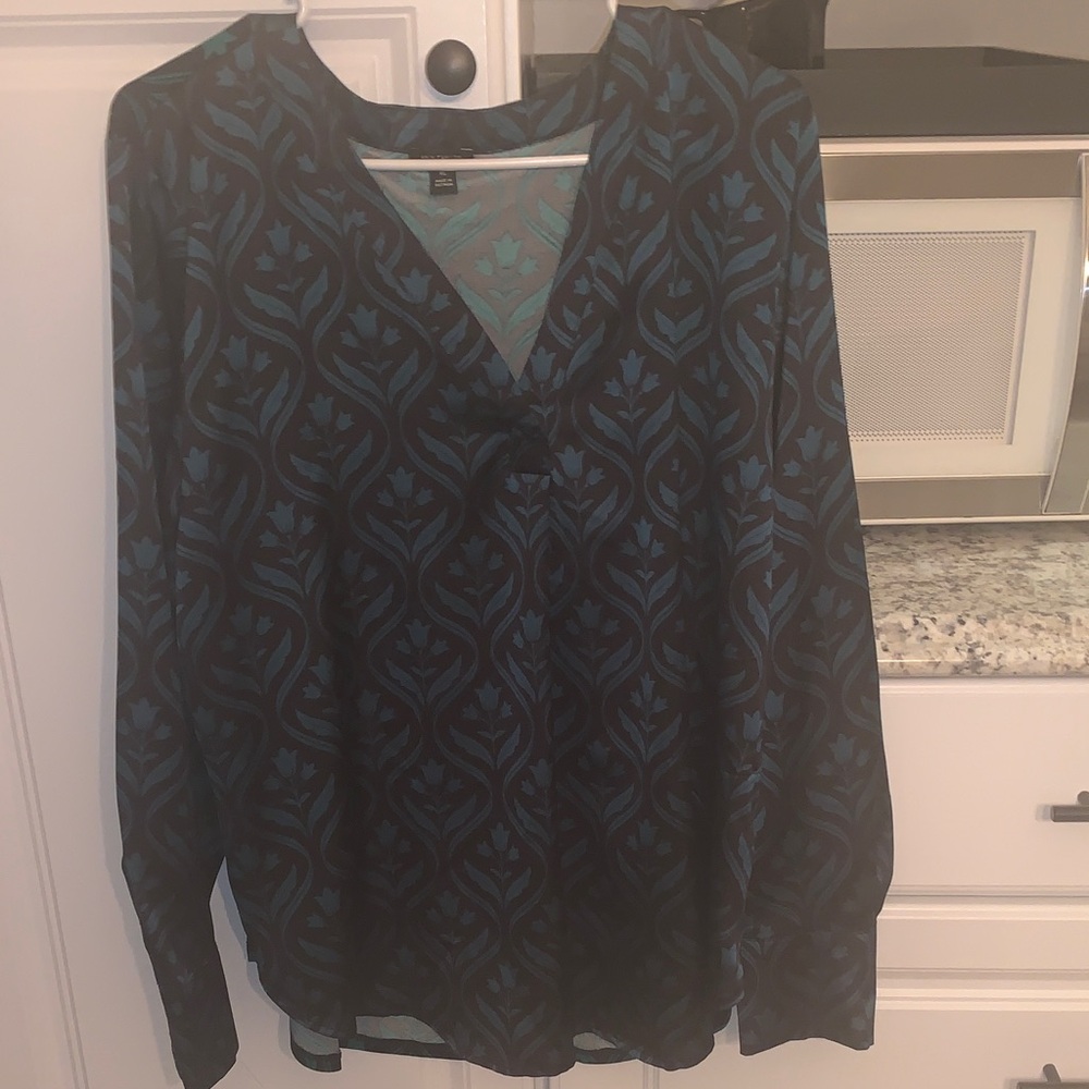 Ann Taylor Black & Teal Floral Long Sleeve VNeck Blouse Size XL